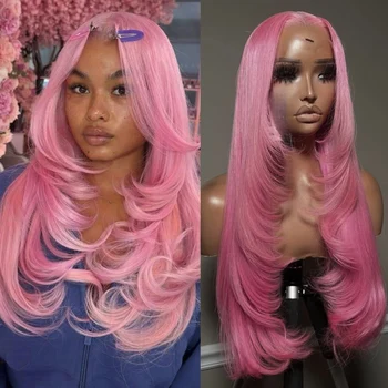 Layered Cut Pink Lace Front Wig 13x4 Long Natural Wave Synthetic Hair Glueless Daily Use Wig Heat Resistant Cosplay Party