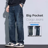 Men's 97% Cotton Straight Cargo Jeans Trendy Multi-pocket Nostalgic Loose Trousers Man American Vintage Fashion Denim Pants 1