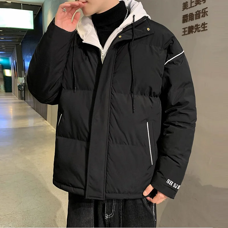 Men's Fashion Fake Two Thick Warm Jacket Trendy Brand Hooded Overalls Bread Clothes Youth Winter Clothes Harajuku Men Clothing
