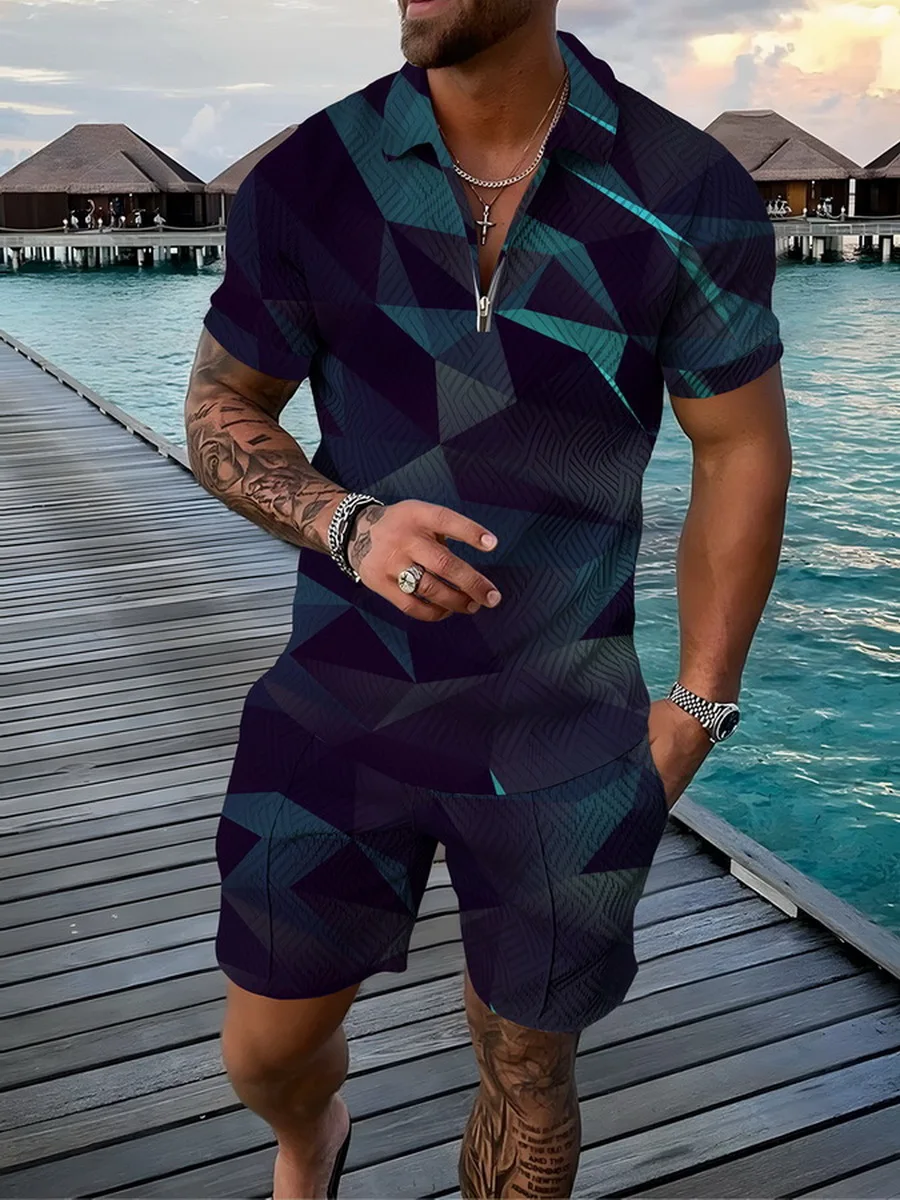 

New Men's Zipper POLO Shirt Set 3D Digital Printing Fashion Slim Fashion Men's Short-Sleeved Shorts Two-Piece Set S-5XL
