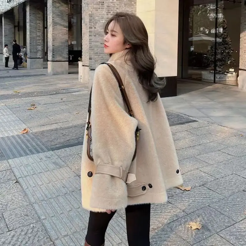 2023 New Women Winter Faux Mink Cashmere Fur Coat Mid-length Loose Overcoat Thicken Warm Jacket Commuting simple Outwear