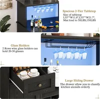 55" Farmhouse Wine Bar Cabinet with Mini Fridge Space, LED Lights & Power Outlet, Black Kitchen Buffet Hutch for Living Room 5