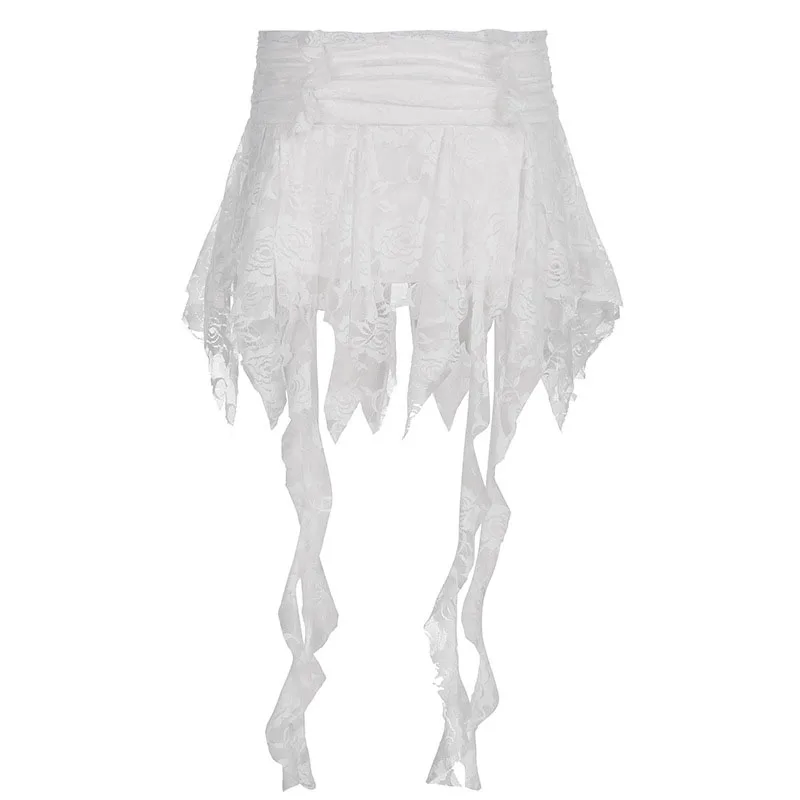 y2k Fairycore Skirt Women Clothing White Low Elastic Waist Irregular Ruffle Hem Skirt 2000s Party Skirts Streetwear