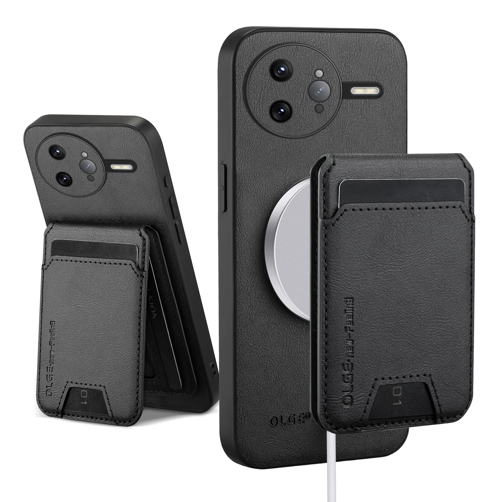 Magnetic Leather Wallet Card Holder Case with Mag-Safe Stand and Full Camera Protection