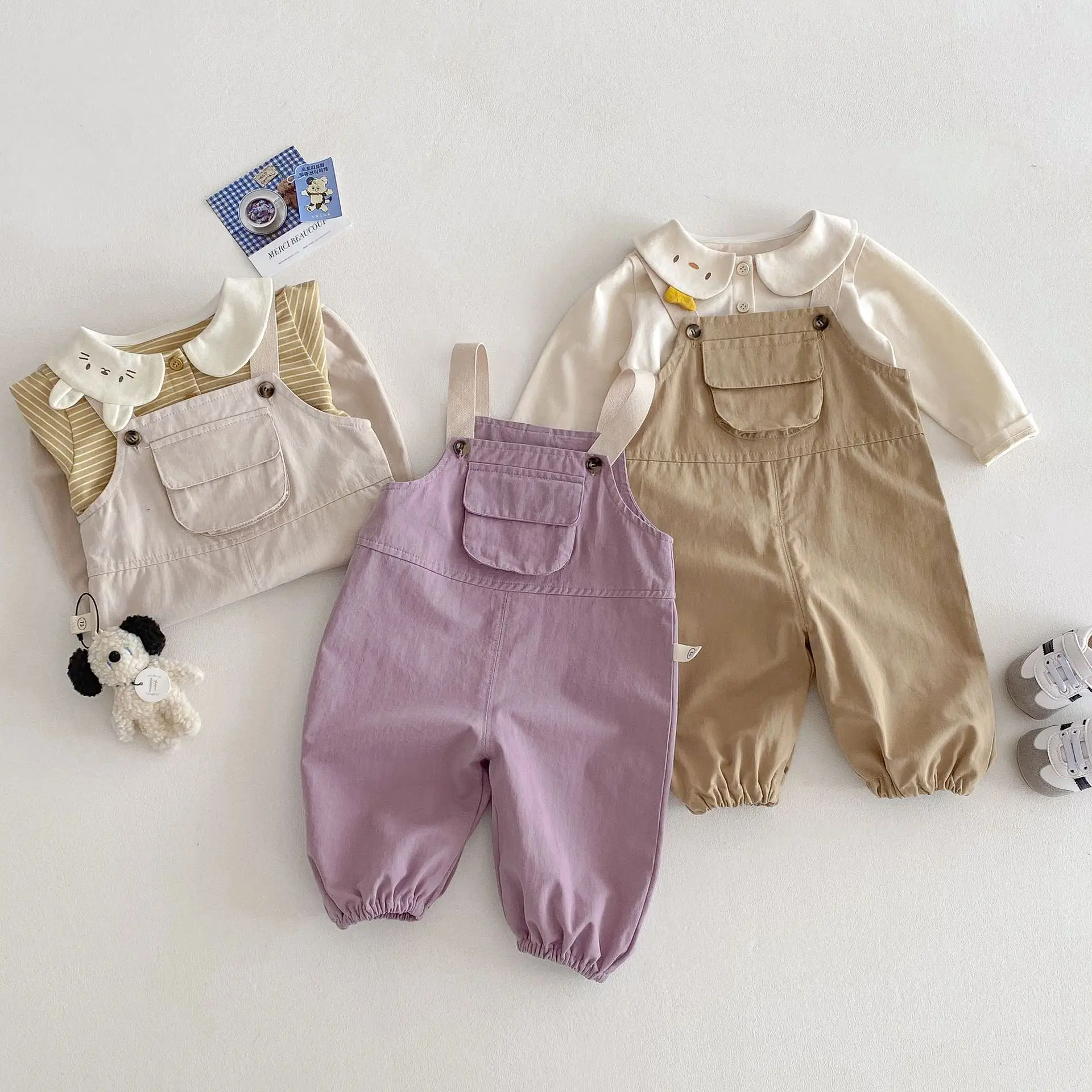 2025 New Kids Overalls 0-5Years Childrn Boy Girl Solid Color Pocket Jumpsuit Cargo Suspender Pant Fashion Bottom Spring Clothes