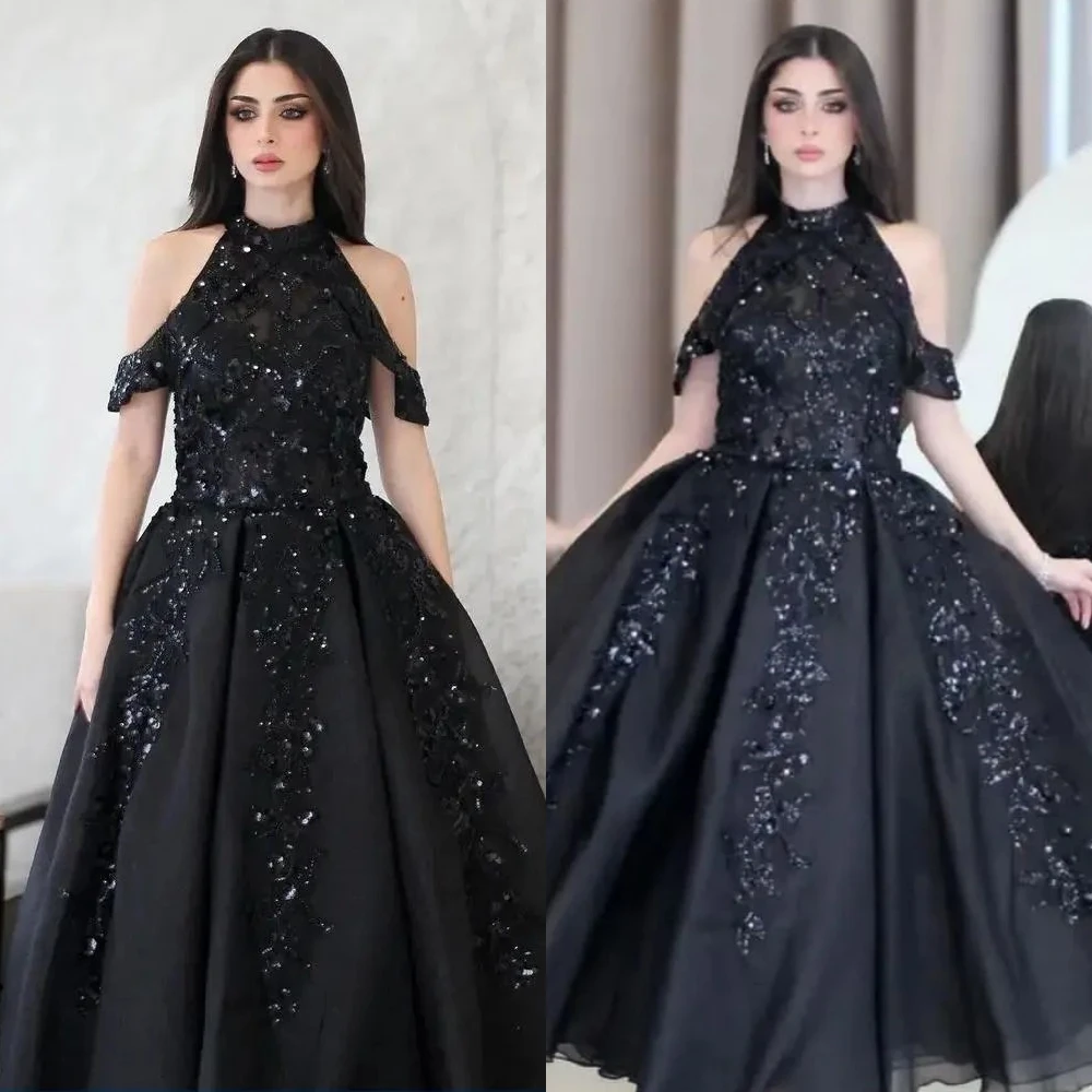 

Evening Ball Dress Saudi Arabia Organza Draped Pleat Sequined Clubbing A-line High Collar Bespoke Occasion Gown Long Dresses