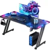 47 Inch Gaming Desk with LED Lights Carbon Fibre Surface Gaming Table Large Computer Desk Ergonomic Home Office Desks Z Shaped 1