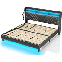 King Size Bed Frame, Storage Headboard with Charging Station and LED Lights, Upholstered Bed with Heavy Duty Wood Slats 1