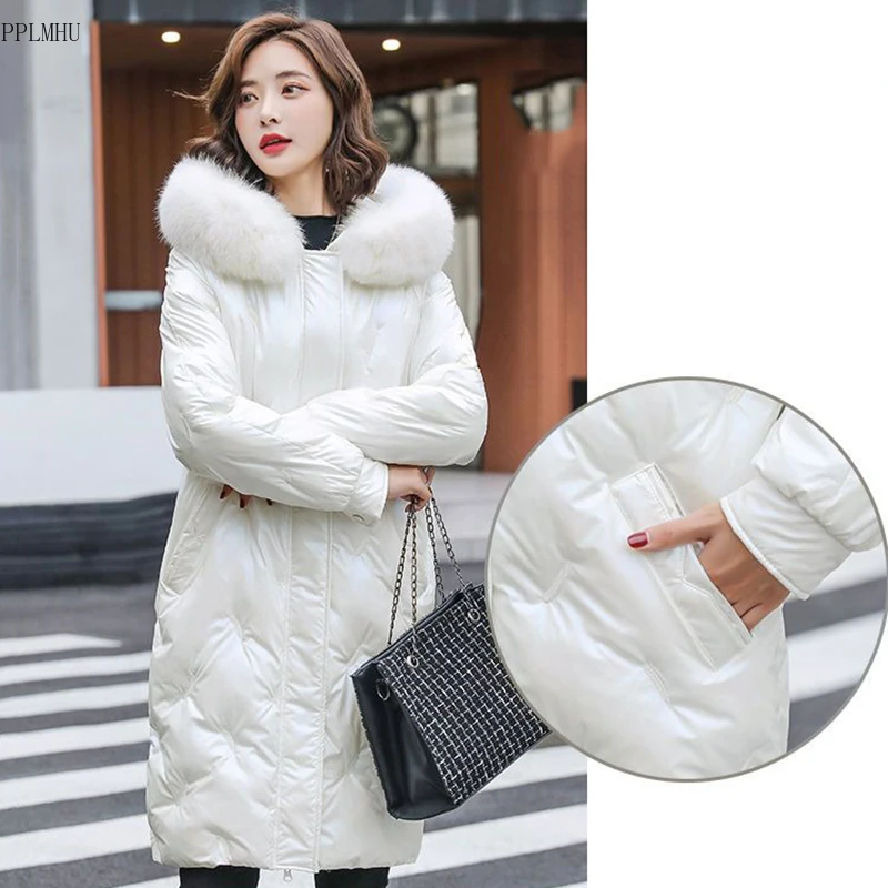 

Thick Warm Loose Casual Coats Korean Glossy Puffy Long Jackets Winter Faux Fur Collar Hooded Mid Length Down Cotton Parkas Women