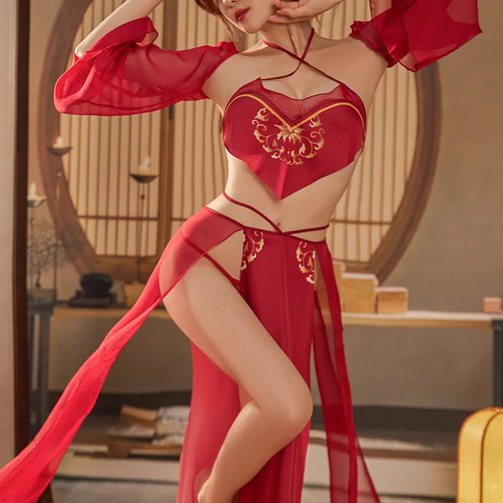 

Women Sexy Antique Hanfu Chiffon High Cut Dress Ultra Thin See-Through Bellyband Suit Cosplay Red Clothes Erotic Lingerie