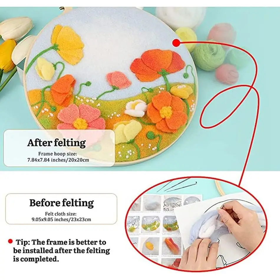 CHENISTORY Creative DIY Flower Felt Painting Picture Handmade Wool Needle Felting Kits For Beginner Handmade Decor Home 20x20cm needle felting painting kit