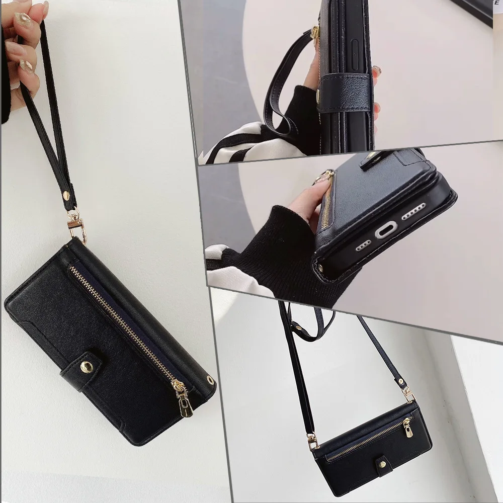 Elegant Magnetic Flip Wallet Case - Durable Leather Cover with Long Lanyard
