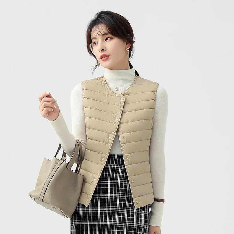 2022 Autumn Winter New Down Jacket Vest Women Round Neck Vest Short Style Inner Snap Warm Coat