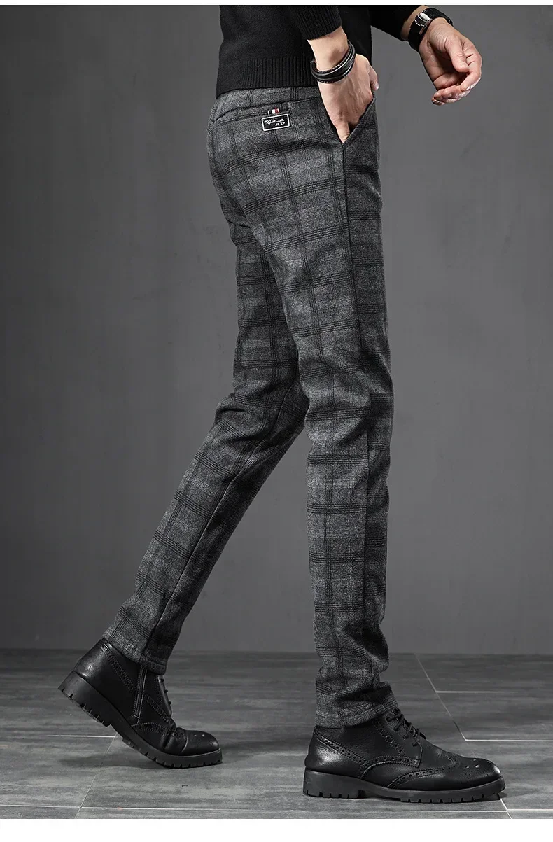 Frühling herbst männer Gebürstet Plaid Casual Hosen Koreanischen Stil Grau Elastische Gerade Slim Fit Modische Arbeit Hosen Männlich – Detail 14