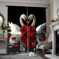 2pcs, spring summer Curtains Romantic Swan Couple and Red Roses Sheer Curtains Durable Polyester Versatile All Use for Bedroom, 1