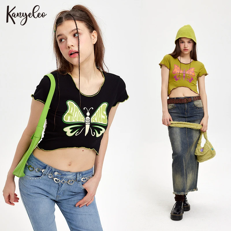 

Женские платья KANYELEO 2023, Короткие топы с коротким рукавом, женские весенние тонкие облегающие футболки с асимметричным подолом и бабочками