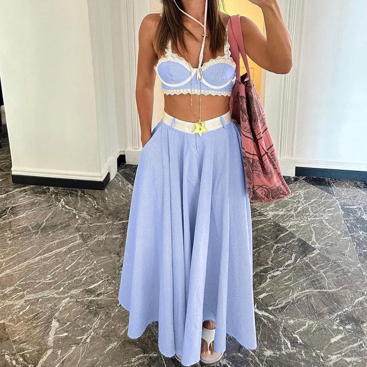 Lace Patchwork 2 Piece-Set Long Skirt For Women Contrast Slim Backless Cropped Tank Top And High Waist Maxi Skirt Outfits
