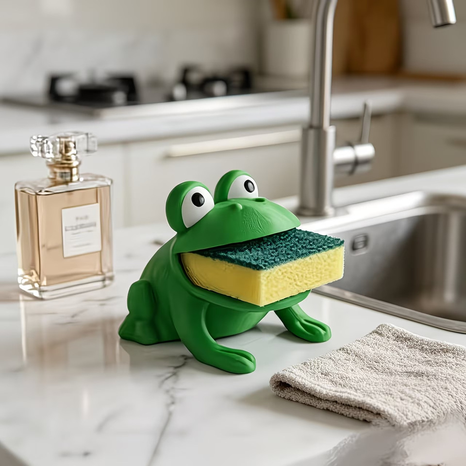 Frog-shaped sponge and dish brush holder with drainage system, a storage solution for the countertop/dish rack
