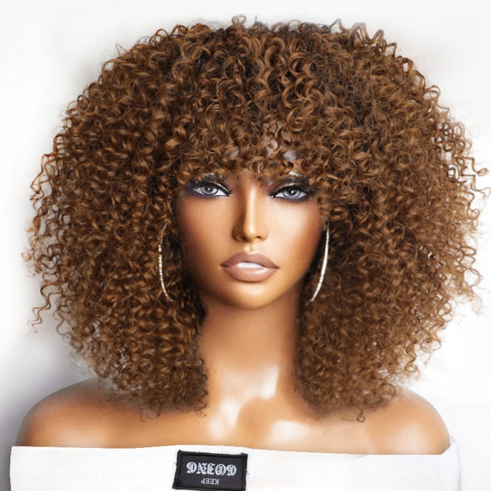 Human Hair Wigs Short Afro Kinky Curly Wig With Bangs Peruvian Highlight Brown Glueless Full Machine Wig 250 Density For Black Women Human Hair
