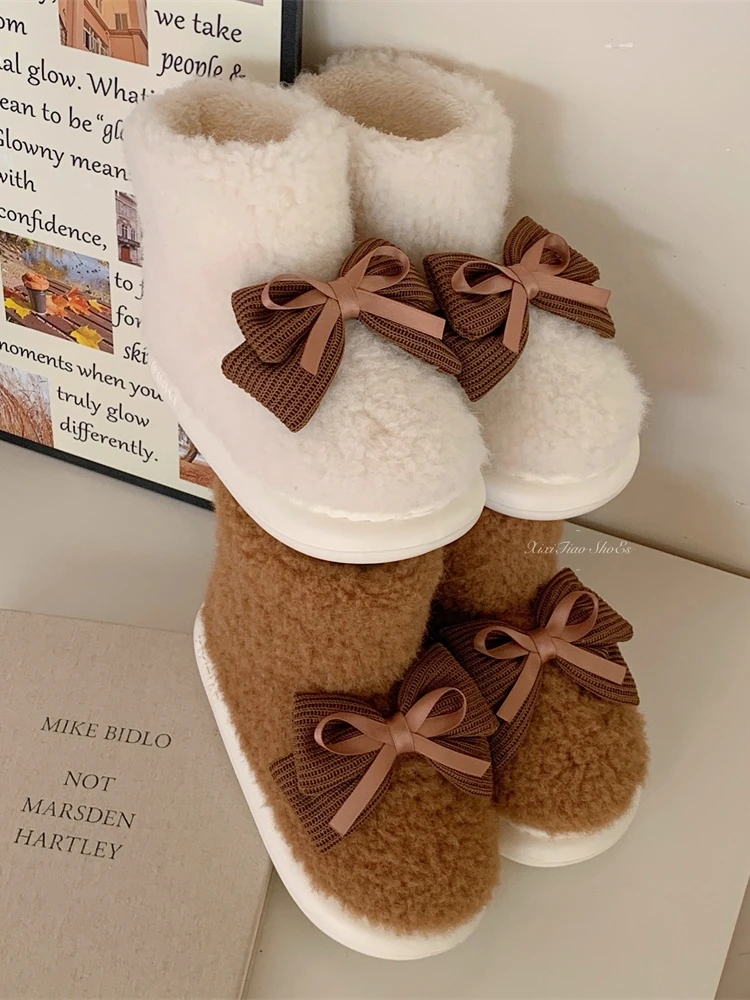 parent child cute puppy cotton boots women man household shoes warmth in winter high heel cotton slippers snow boots Knitted Ribbon Bow Home Boots Lamb Wool Cotton Shoes For Women's Man Winter Outwear Versatile Thick Snow Boots