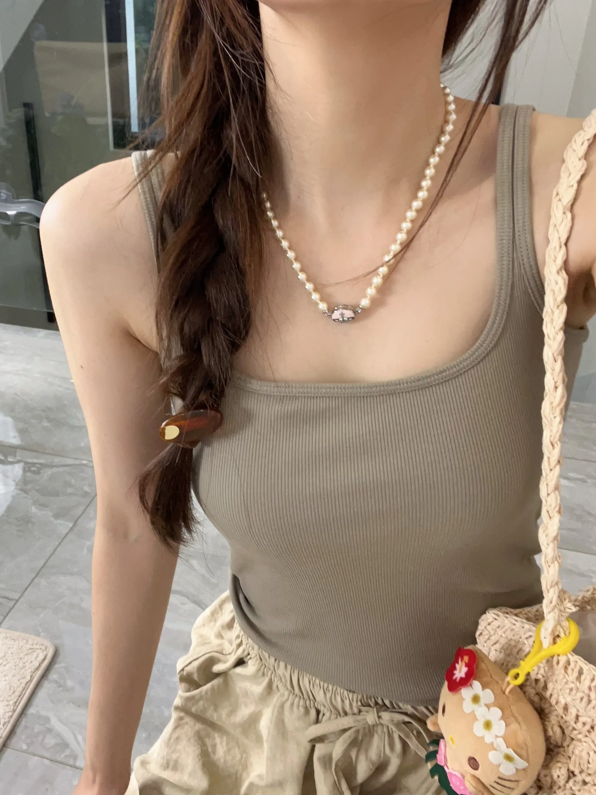 Women's Base Tank Top with Built-in Chest Pad Versatile Slimming Elastic Ribbed Square Collar Underwear Strap Vest - 4