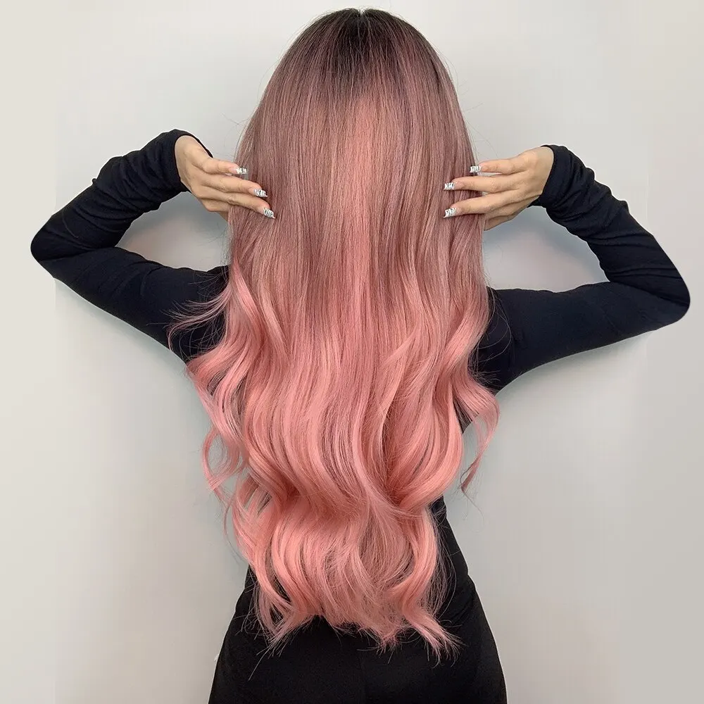Synthetic Ombre Black Pink Long Body Wave Cosplay Wig