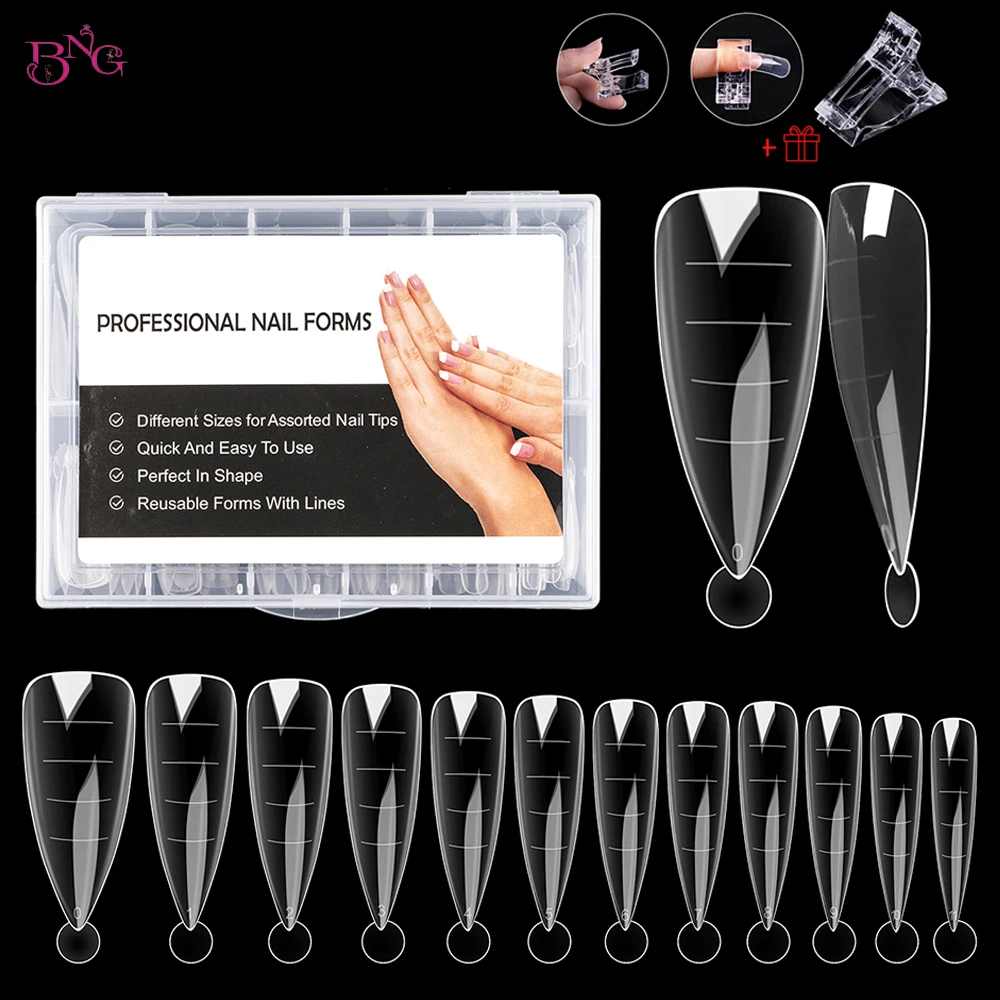 BNG 120Pcs Poly Extension Gel Dual Nail Form Builder Gel Stiletto Nail Molds False Nail Tips for Gel Manicure Nail Art Design