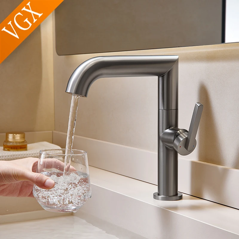 VGX ก๊อกน้ําห้องน้ําสแตนเลสอ่างล้างหน้าก๊อกน้ํา Gourmet อ่างล้างหน้า Tapware ก๊อกน้ําร้อนน้ําเย็นแปรงทองสีเทา 1