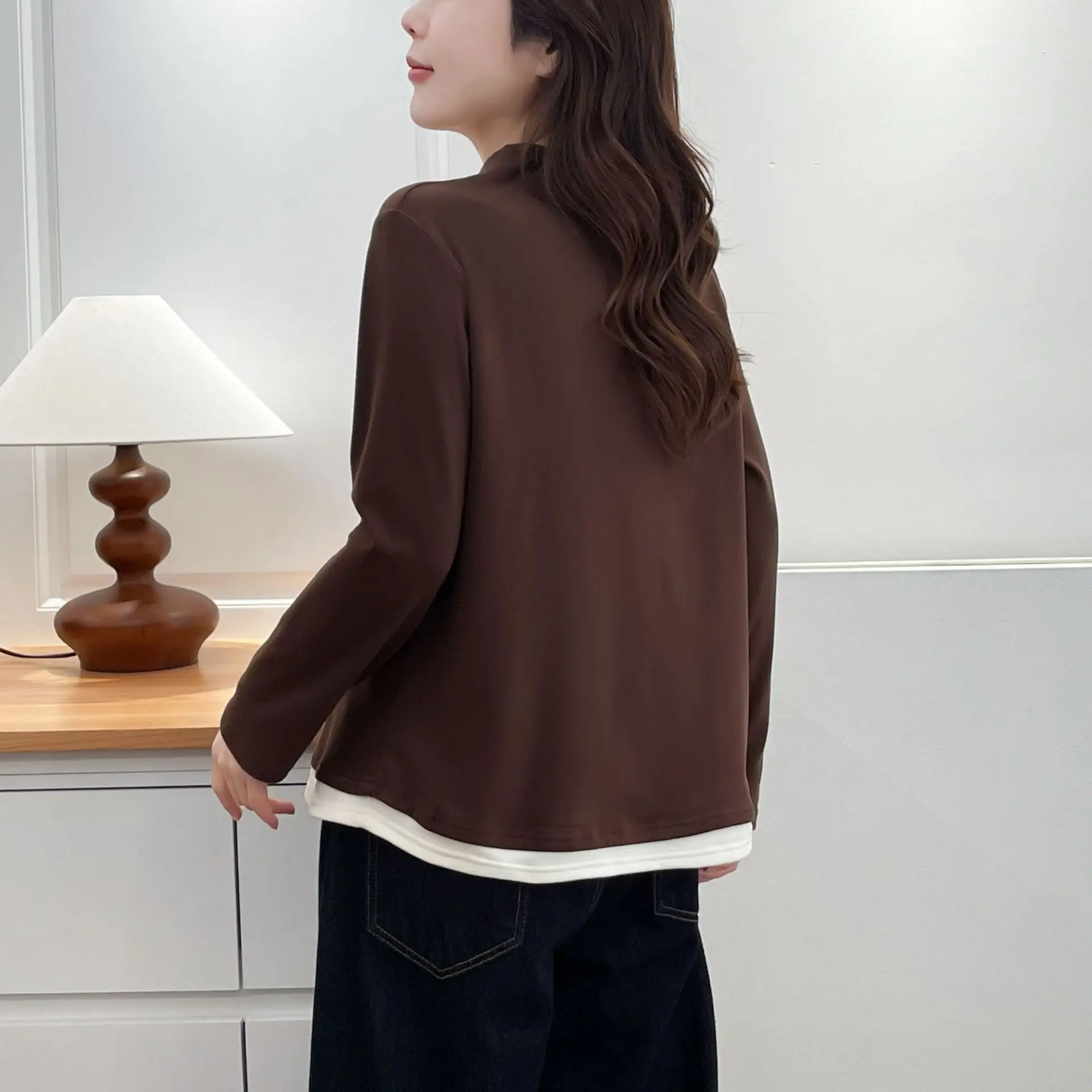 XXXXL Fashion Plus Size Women's T-Shirt New Winter Simple color-blocked Zipper Stand Collar double-sided Fleece Warm Tops 8813