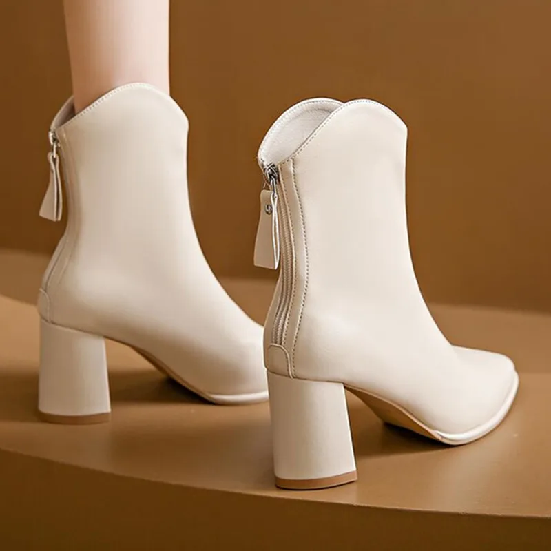 2023 Fashion Beige High Heel Short Boots Women Autumn and Winter Pointed Toe Women's Boots Women High Heels Women Boots Mid-Calf