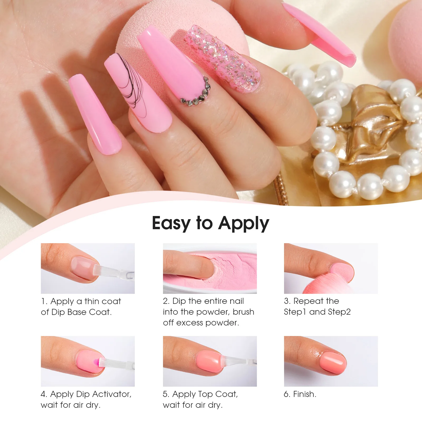ROSALIND 13PCS Dip Nails Powder Starter Kit,6 Colors Dip Powder Nail Clear Nude Pink Series Colors Set with Base&Top