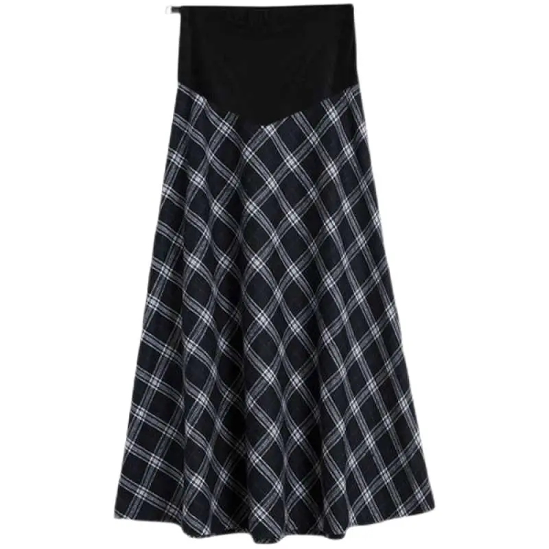 Winter Maternity Skirt Adjustable Waist Preppy Style Pregnant Woman Plaid Skirts Plus Size Pregnancy Clothes Long Skirts