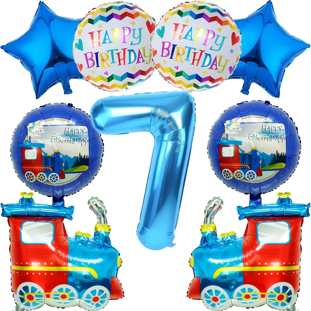 9 stücke Retro zug Ballon Set Blau Digitale Folien Ballon Cartoon Zug Ballon Geburtstag Party Dekoration Lieferungen Baby Dusche – Detail 7