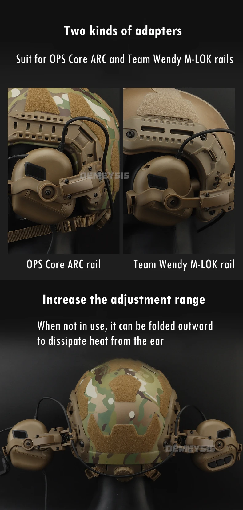 Shooting Headset Bracket Kit Multi-angle Rotation Helmet Rail Adapter Fit OPS Core ARC and Team Wendy M-LOK Rail Headphone Mount