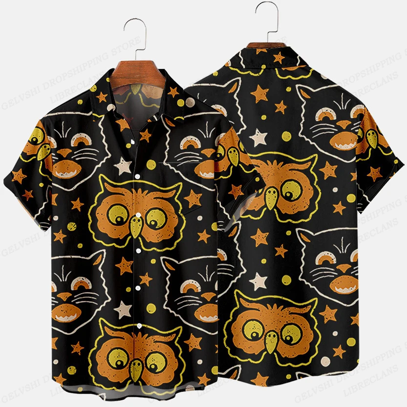 

Мужские и женские Гавайские рубашки с 3D-принтом совы, рубашки с отворотом для Хэллоуина