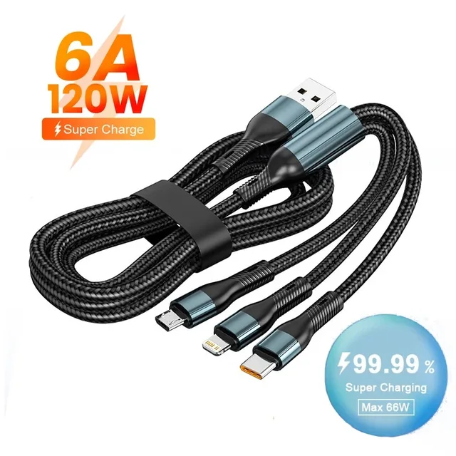 120W 3-in-1 USB Fast Charging Cable For iPhone
