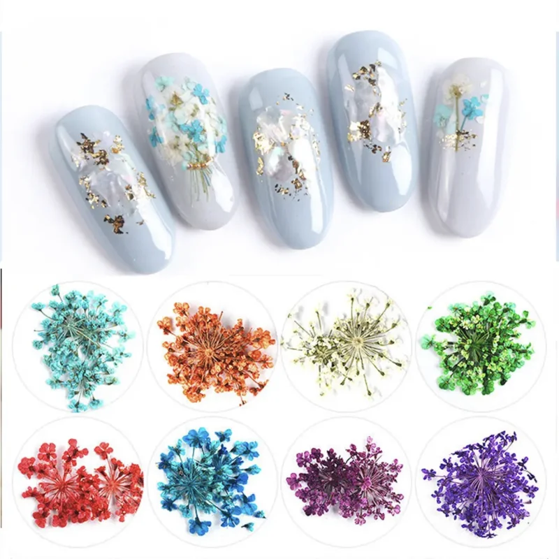 (12Grid)3D Dried Flower For Nail Charms Natural Floral Sticker Mix Dry Flower Colorful Decal DIY UV Gel Polish Nail Art Manicure