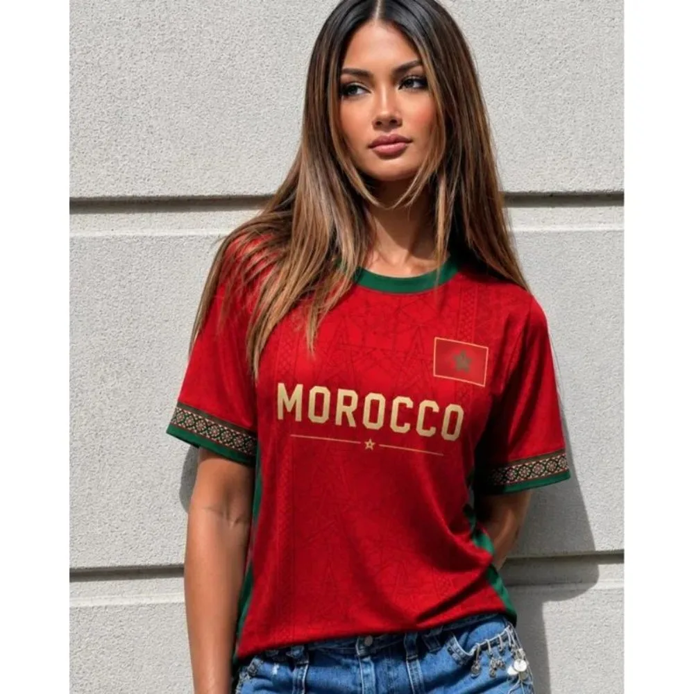 Camiseta de fútbol con bandera de Marruecos para hombre y mujer, camiseta de manga corta con cuello redondo, transpirable, de secado rápido, ropa de calle informal, camisetas de fútbol