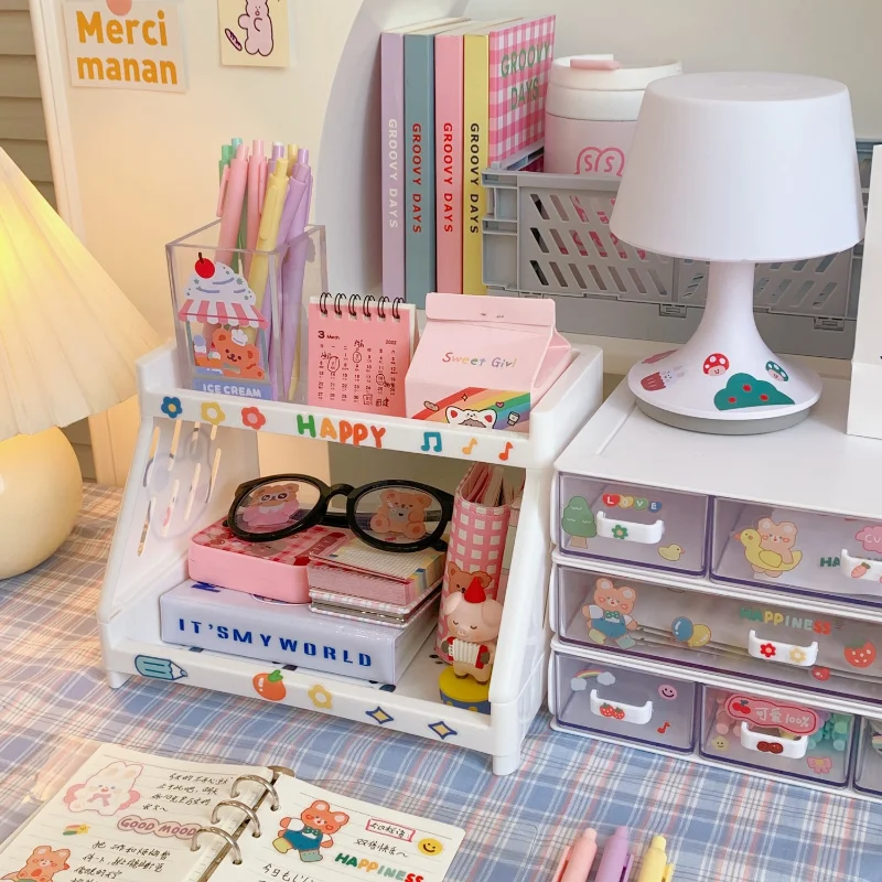 Kawaii Double Layers Desktop Storage Shelves Stationery Organizers Rack Large-capacity File Storage Tray Office Desk Accessories for desktop storage shelf stationery organizer document organizer desktop storage kit stationery storage box