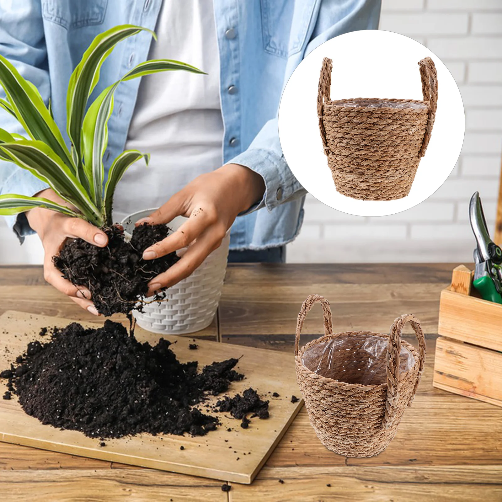 

Multifunctional flowerpot creative Nordic green Flower Stand potted indoor straw flowerpot home decoration retro storage flower