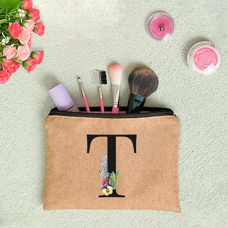 Floral Print Linen Zipper Pouch Cosmetic Travel Organizer