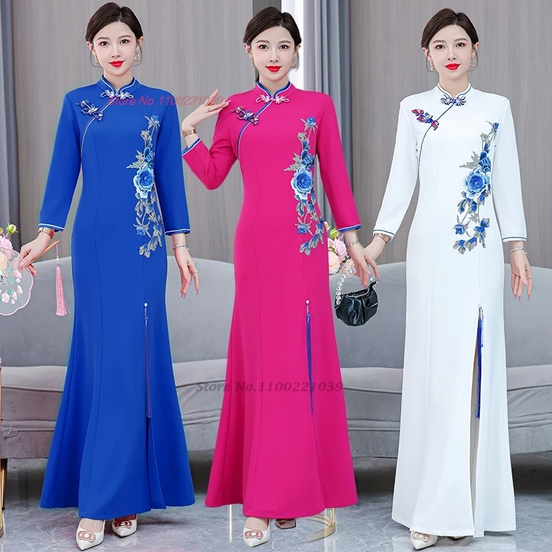

2024 chinese vintage dress improved cheongsam traditional flower embroidery folk qipao oriental wedding banquet evening dress