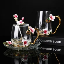 

Home Decoration Enamel Coffee Cup Mug Flower Tea Glass Cups for Hot and Cold Drink Tea Mug Spoon Set Perfect Wedding Gift