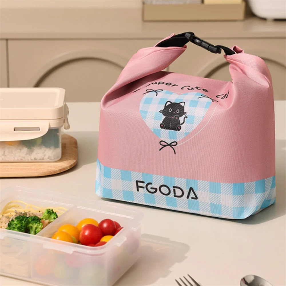 Cute Cherry Cat Lunch Bag Thermal Insulation Lunch Box Storage Handbag Multifunctional Kid School Cooler Bag Picnic Food Pouch