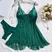 Vêtements de nuit sexy pour dormir robe de nuit femmes Lingеrie ensembles profond V Slip chemises de nuit et culottes dentelle à volants garniture sous-vêtements pyjama 2