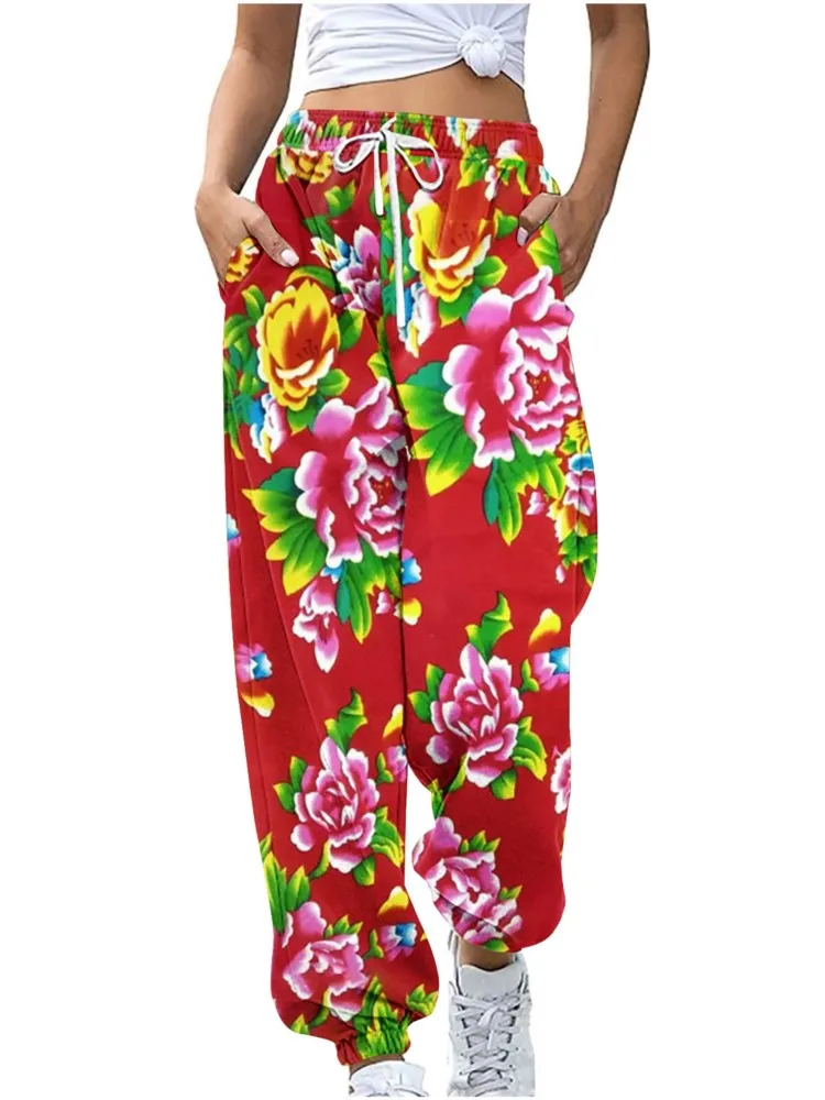 

Women's Pants Fashion High Waist Lace-up Pant Floral Print Sweatpants Loose Trousers Spring Youthful Clothes For Women 2024 New