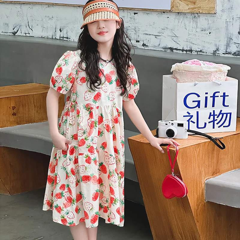 

Детское летнее платье из 100% хлопка для девочек, цельное платье с рукавами-фонариками и клубничками, одежда для девочек, vestido corto vestido infantil