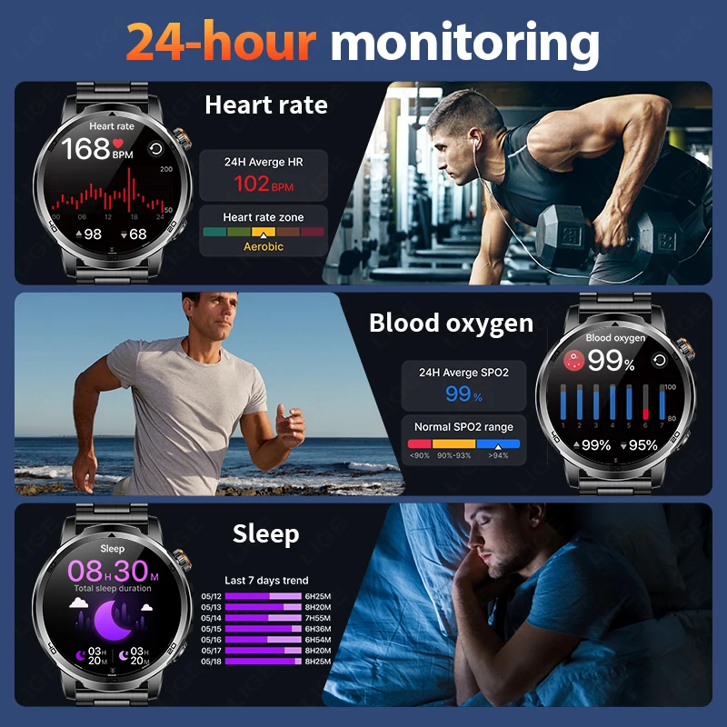 LIGE Outdoor Smart Watch Men 1000mAh Battery LED Flashlight SmartWatch Bluetooth Call Heart Rate Waterproof Sports Smartwatch