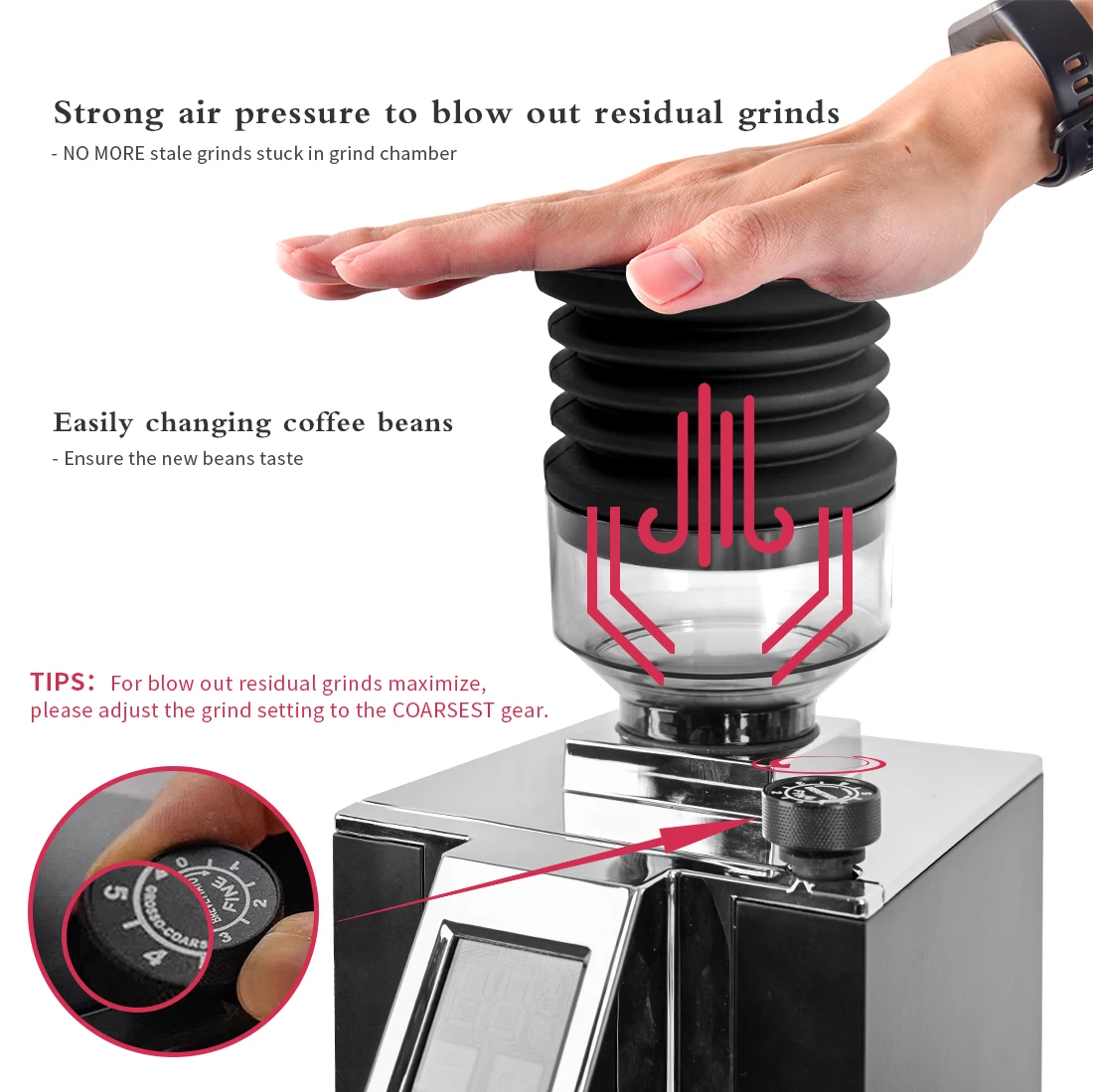 単回投与ホッパーとベローズコーヒーグラインダー、豆瓶ブロー  