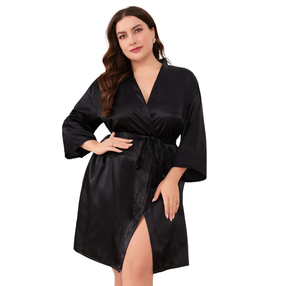Spring Summer Ladies Plus-size Sexy Imitation Silk Robe Solid Color Home Dress Pajamas Sexy Loose Cardigan Lace-up Bathrobe 5XL